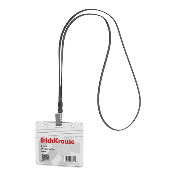 ErichKrause Funda para Tarjeta con Colgante - Orientacion Horizontal - PVC - Incluye Colgante de 12mm Negro - Formato 58X98mm - Color Transparente 1