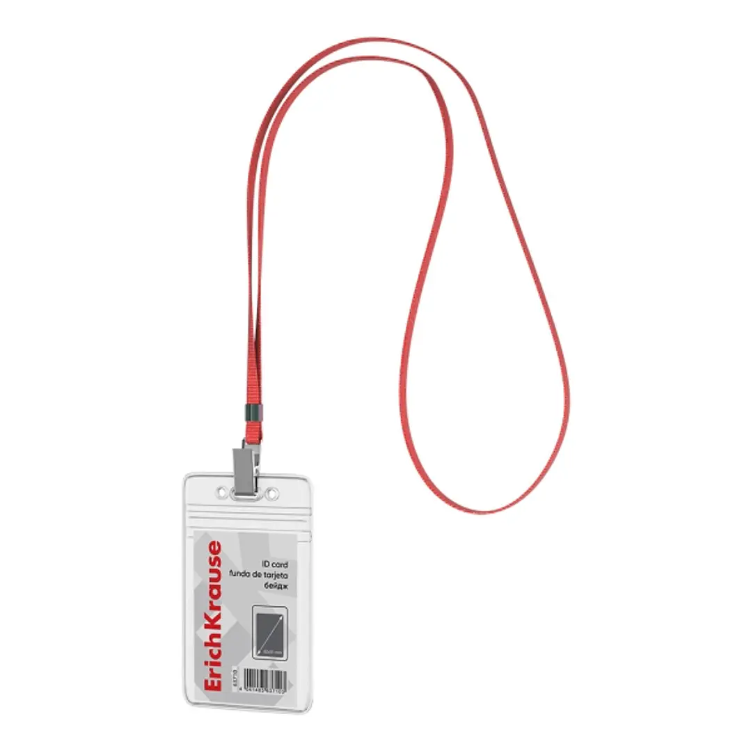 ErichKrause Funda para Tarjeta con Colgante - Orientacion Vertical - PVC - Incluye Colgante Rojo - Formato 62x91mm - Color Transparente 1