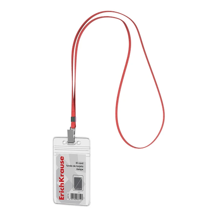 ErichKrause Funda para Tarjeta con Colgante - Orientacion Vertical - PVC - Incluye Colgante Rojo - Formato 62x91mm - Color Transparente 1