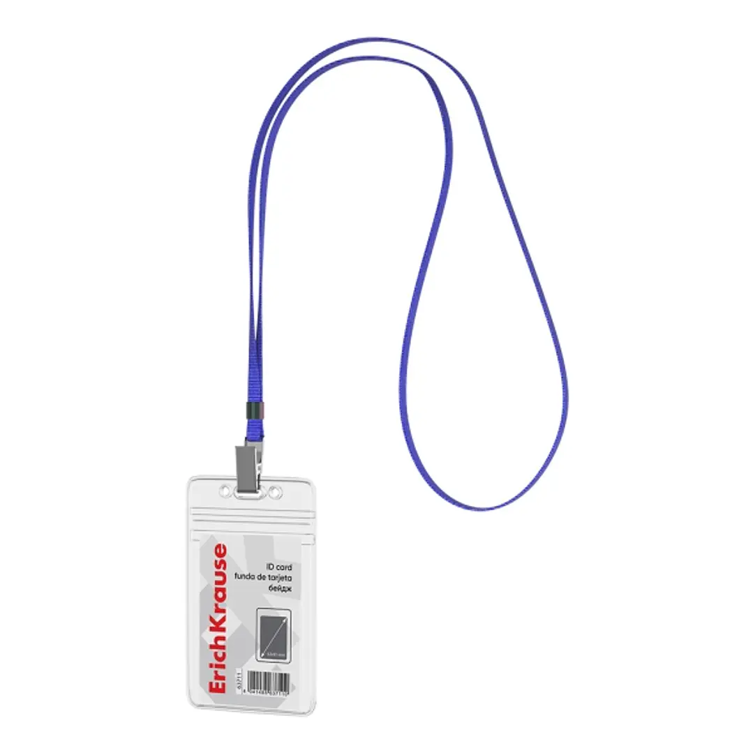 ErichKrause Funda para Tarjeta con Colgante - Orientacion Vertical - PVC - Incluye Colgante Azul - Formato 62x91mm - Color Transparente 1