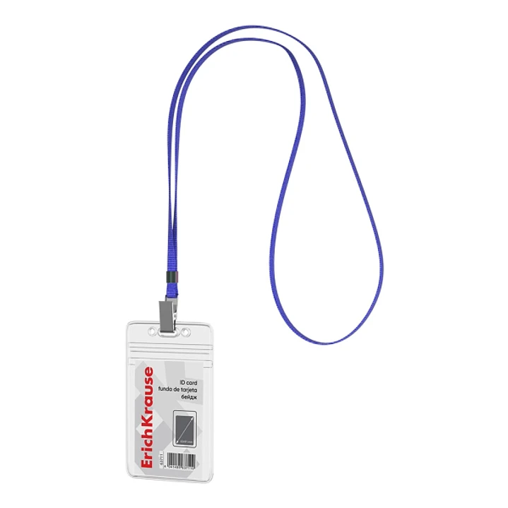 ErichKrause Funda para Tarjeta con Colgante - Orientacion Vertical - PVC - Incluye Colgante Azul - Formato 62x91mm - Color Transparente 1