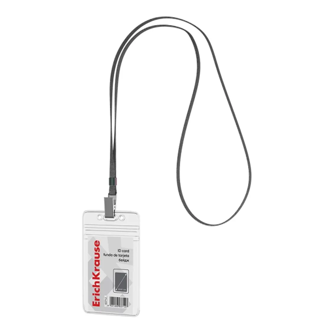ErichKrause Funda para Tarjeta con Colgante - Orientacion Vertical - PVC - Incluye Colgante de 12mm Negro - Formato 62x91mm - Color Transparente 1