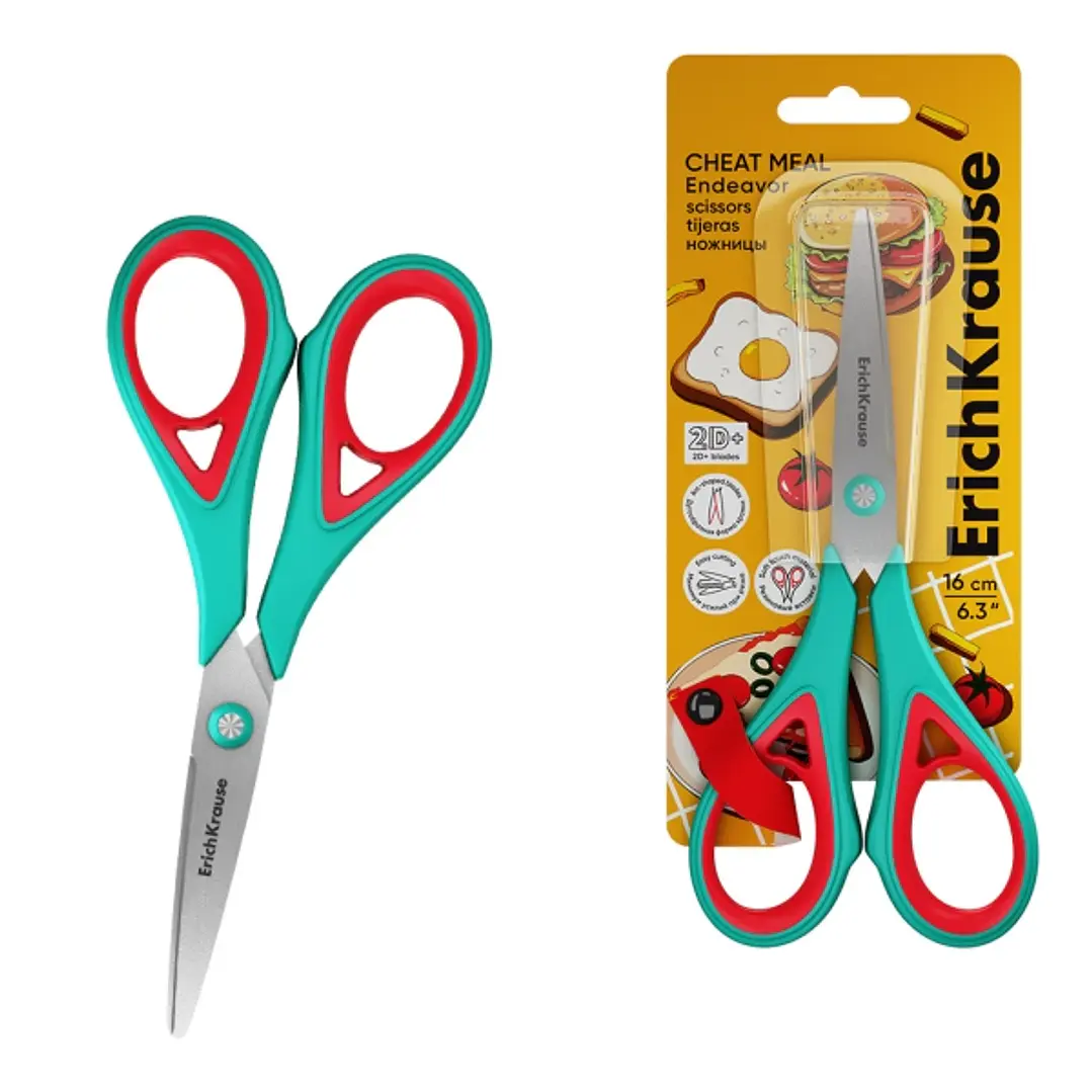ErichKrause Endeavor Cheat Meal Tijeras de 16cm - Mangos de Plastico y Goma Antideslizante - Cuchillas en Forma de Arco - Ergonomicas - Acero Inoxidab 1
