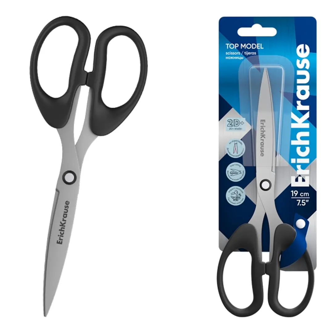 ErichKrause Top Model Tijeras de 19cm - Cuchillas en Forma de Arco - Mangos de Plastico Resistente a Golpes - Afilado Doble - Acero Inoxidable - Ergon 1