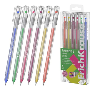 ErichKrause Paradise Stick Neon Pack de 6 Boligrafos con Capuchon - Punta de 0.6mm - Cuerpo Transparente - Trazo 0.5mm - Tinta de Secado Rapido - Tapa