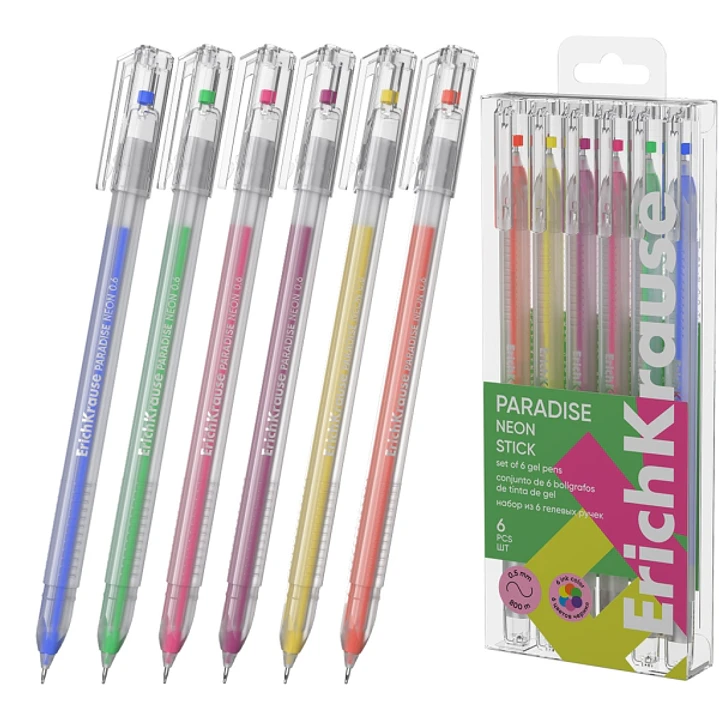 ErichKrause Paradise Stick Neon Pack de 6 Boligrafos con Capuchon - Punta de 0.6mm - Cuerpo Transparente - Trazo 0.5mm - Tinta de Secado Rapido - Tapa 1
