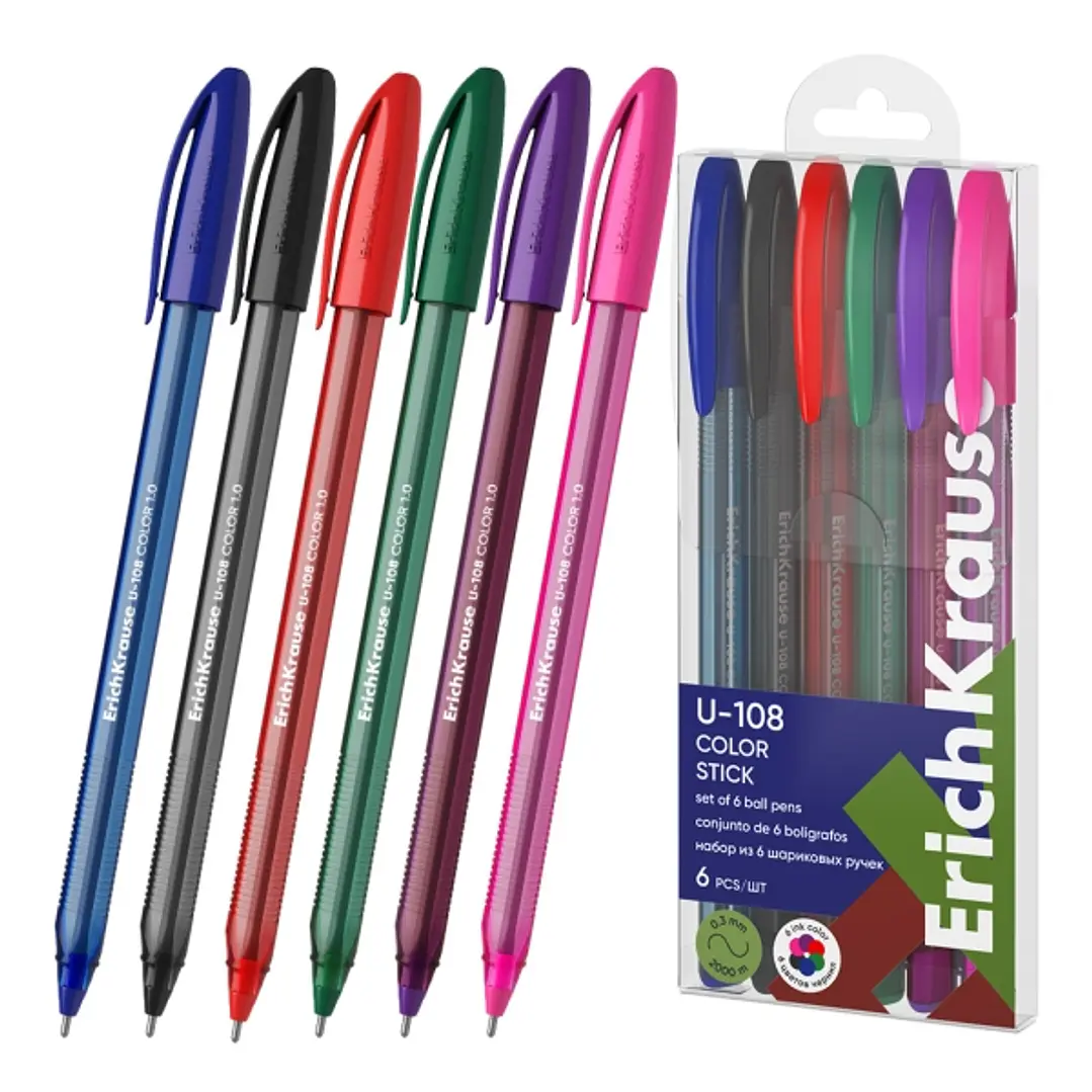 ErichKrause U-108 Stick Color Pack de 6 Boligrafos con Capuchon - Punta de 1.0mm - Trazo 0.3mm - Tinta de Baja Viscosidad - Tapa Ventilada - Colores S 1