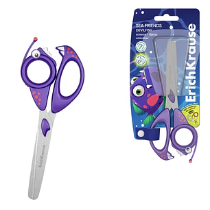 ErichKrause Sea Friends Devilfish Tijeras de 14.5cm - Puntas Redondeadas - Mangos de Plastico Resistente a Golpes con Forma - Acero Inoxidable - Color