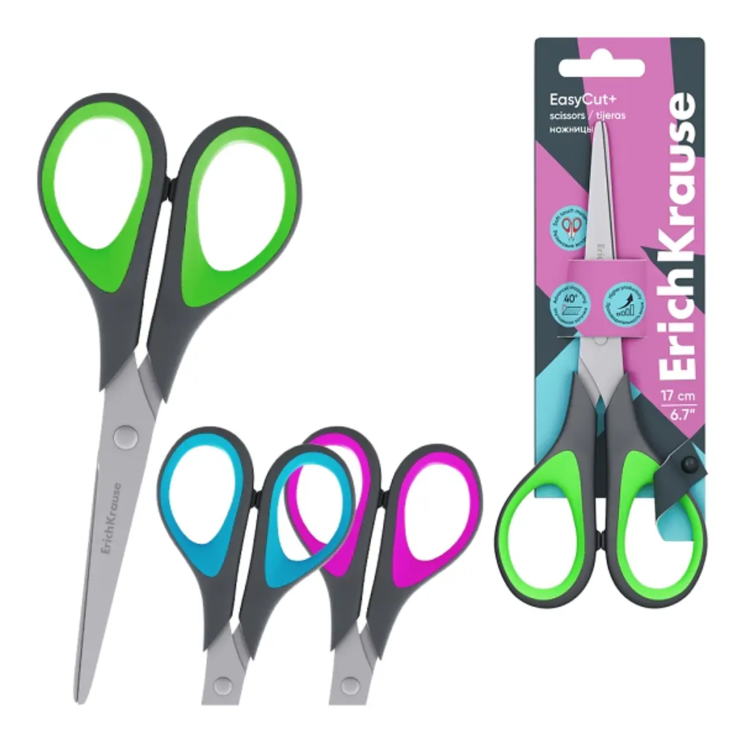 ErichKrause EasyCut+ Tijeras de 17cm - Mangos de Plastico y Goma Antideslizante - Afilado Doble - Acero Inoxidable - Colores Surtidos 1