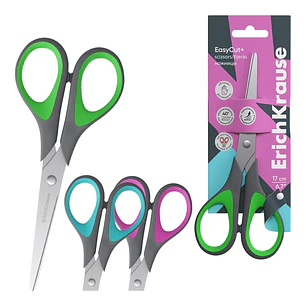ErichKrause EasyCut + Tijeras de 17cm para Zurdos - Mangos de Plastico y Goma Antideslizante - Ergonomicas - Acero Inoxidable - Colores Surtidos