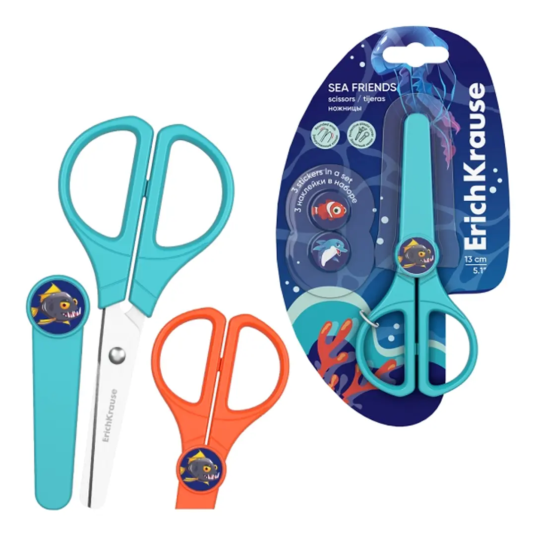 ErichKrause Sea Friends Protect Tijeras de 13cm - Puntas Redondeadas - Funda Protectora - Incluye 3 Pegatinas - Acero Inoxidable - Colores Surtidos 1