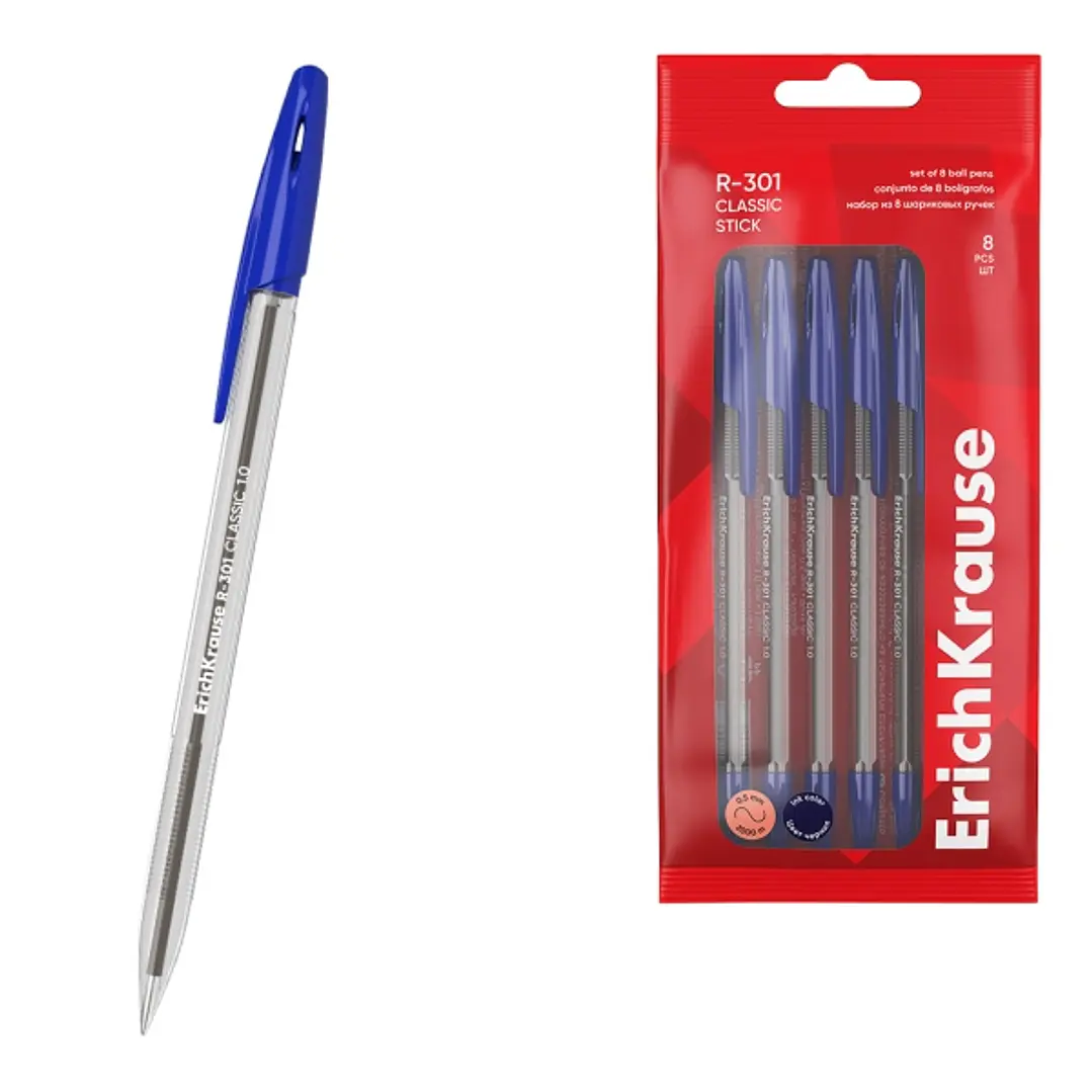 ErichKrause R-301 Stick Classic Pack de 8 Boligrafos con Capuchon - Punta de 1.0mm - Cuerpo Transparente - Trazo 0.5mm - Tinta de Secado Rapido - Tapa 1