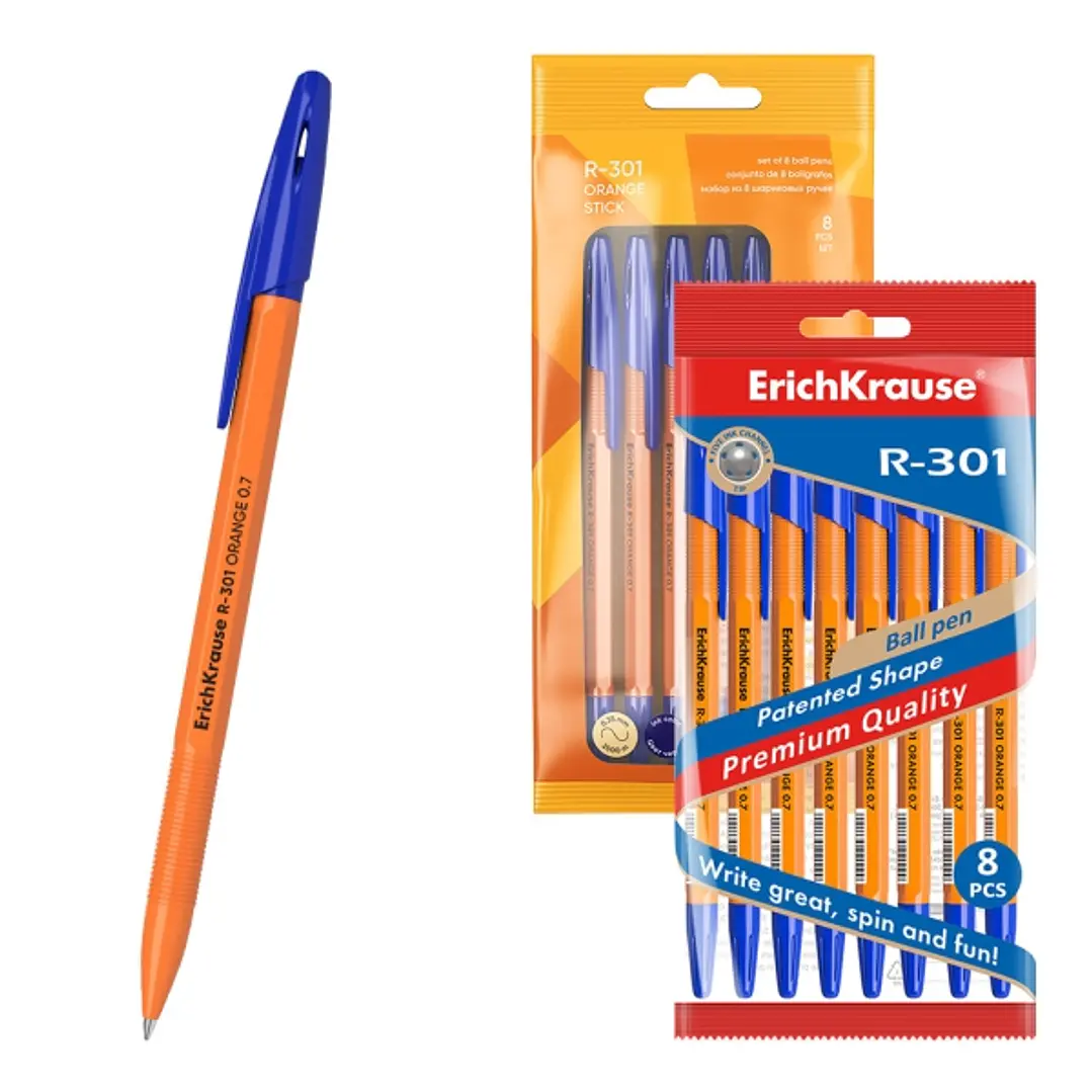 ErichKrause R-301 Stick Orange Pack de 8 Boligrafos con Capuchon - Punta de 0.7mm - Cuerpo Opaco Naranja - Trazo 0.35mm - Color Azul 1
