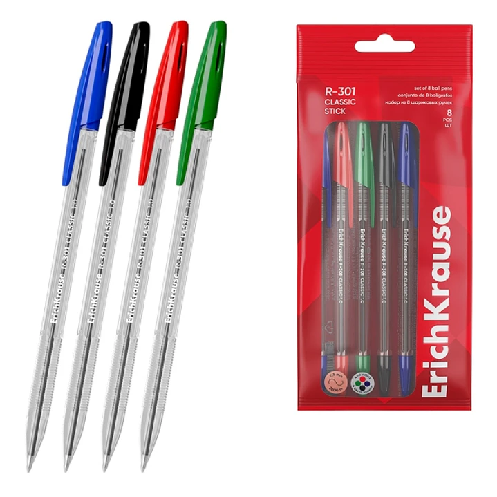 ErichKrause R-301 Stick Classic Pack de 8 Boligrafos con Capuchon - Punta de 1.0mm - Cuerpo Transparente - Trazo 0.5mm - Tinta de Secado Rapido - Tapa 1