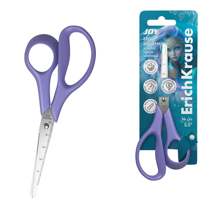 ErichKrause JOY Ergo Aquamarine Tijeras de 14cm - Mangos de Plastico Resistente a Golpes - Regla de 5cm en la Hoja - Ergonomicas - Color Lila 1
