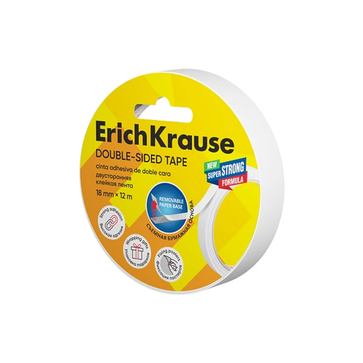 ErichKrause Cinta Adhesiva de Doble Cara - 1mm de Grosor - 18mm de Ancho - 12 Metros - Alta Adhesion - Base de Papel Extraible - Color Transparente 1