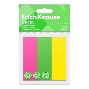 ErichKrause Neon Pack de 3 Blocs de 100 Marcadores de Pagina - Reposicionables - Papel de 75g/m2 - 25X75mm - Colores Surtidos