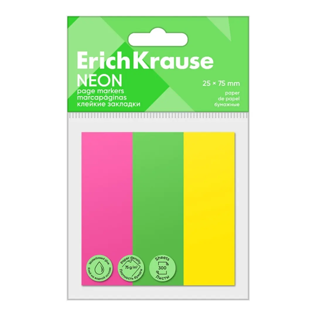ErichKrause Neon Pack de 3 Blocs de 100 Marcadores de Pagina - Reposicionables - Papel de 75g/m2 - 25X75mm - Colores Surtidos 1