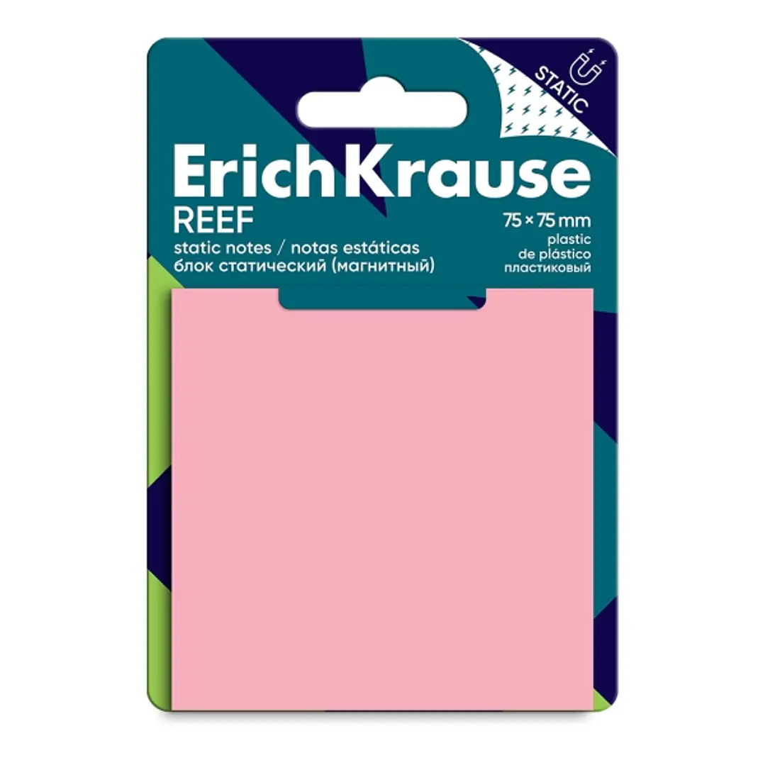 ErichKrause REEF Bloc de 50 Notas Adhesivas Reposicionables - Plastico - 75x75mm - Pegamento a Base de Agua - Color Rosa 1