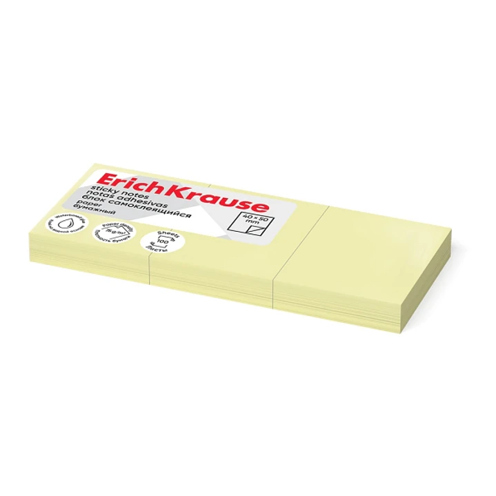 ErichKrause Pack de 3 Blocs de 100 Notas Adhesivas Reposicionables - Papel de 75g/m2 - 40X50mm - Pegamento a Base de Agua - Color Amarillo 1