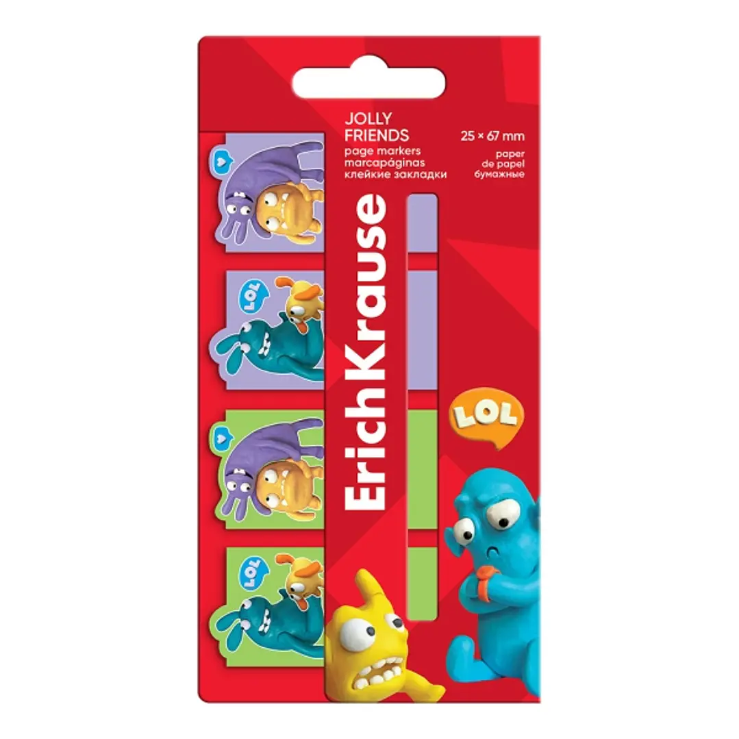 ErichKrause Jolly Friends Pack de 4 Blocs de 20 Marcadores de Pagina - Reposicionables - Papel de 75g/m2 - 25X67mm - Colores Surtidos 1