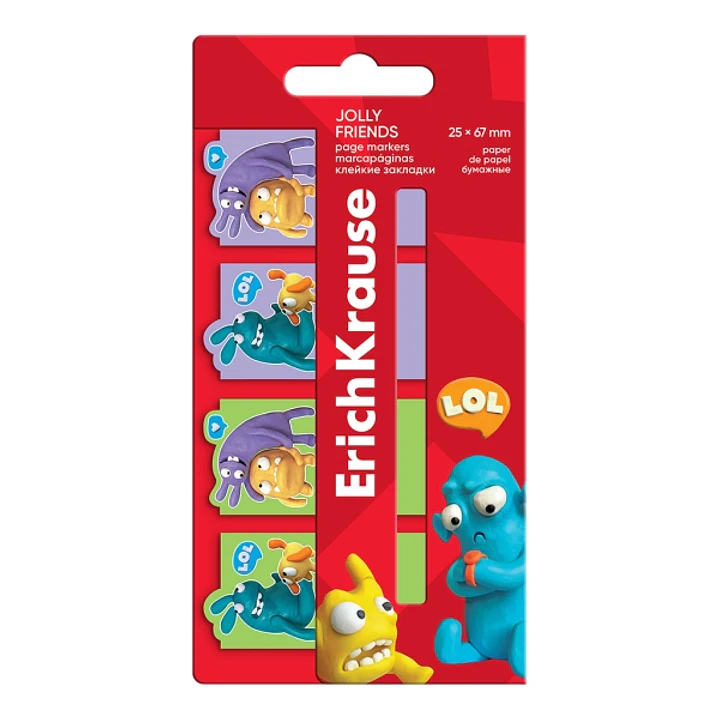 ErichKrause Jolly Friends Pack de 4 Blocs de 20 Marcadores de Pagina - Reposicionables - Papel de 75g/m2 - 25X67mm - Colores Surtidos 1