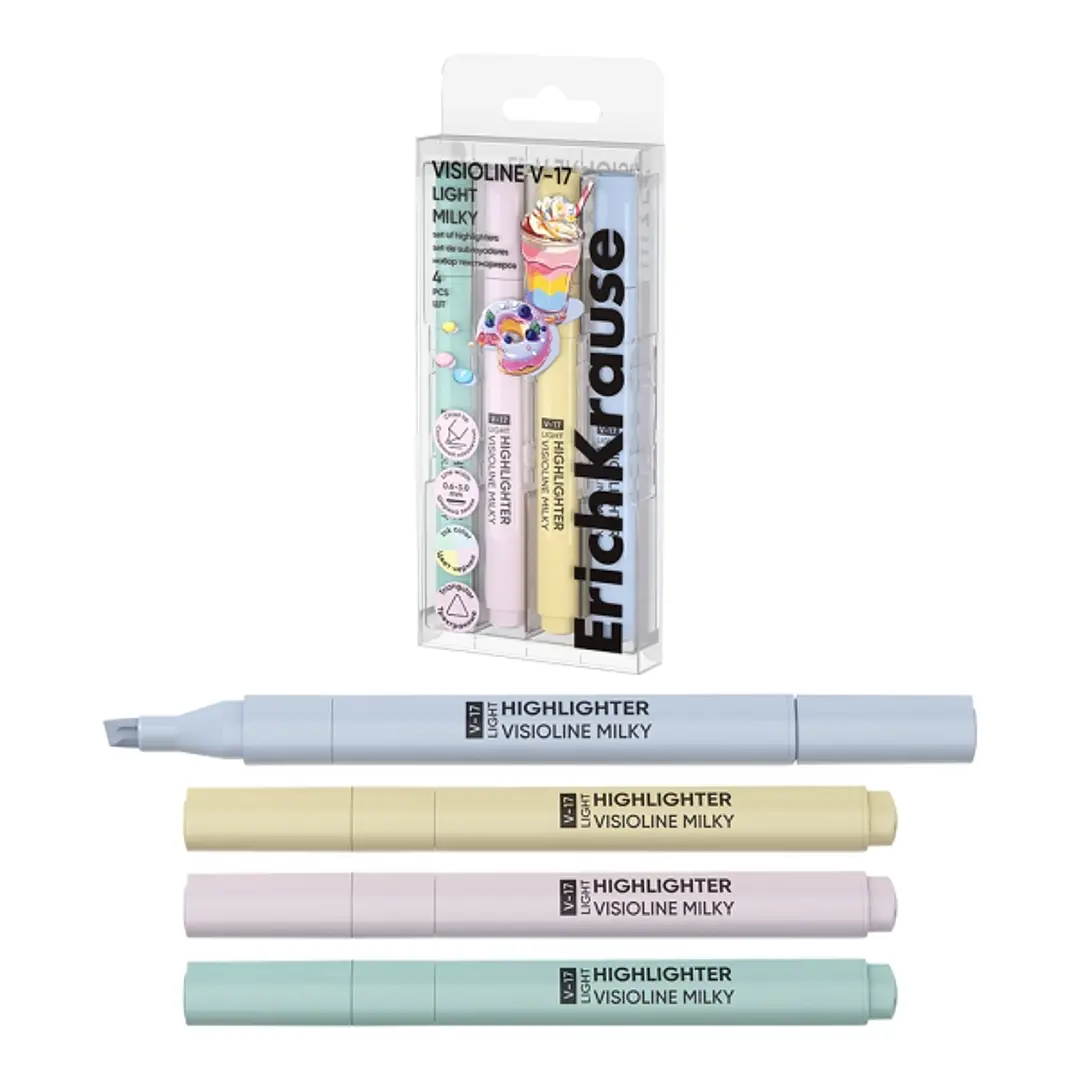 ErichKrause Visioline V-17 Light Milky Pack de 4 Marcadores Fluorescentes - Punta Biselada - Trazo de 0.6 a 3.0mm - Colores Pastel Surtidos 1