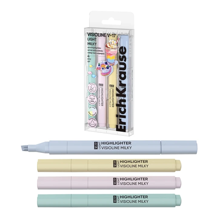 ErichKrause Visioline V-17 Light Milky Pack de 4 Marcadores Fluorescentes - Punta Biselada - Trazo de 0.6 a 3.0mm - Colores Pastel Surtidos 1