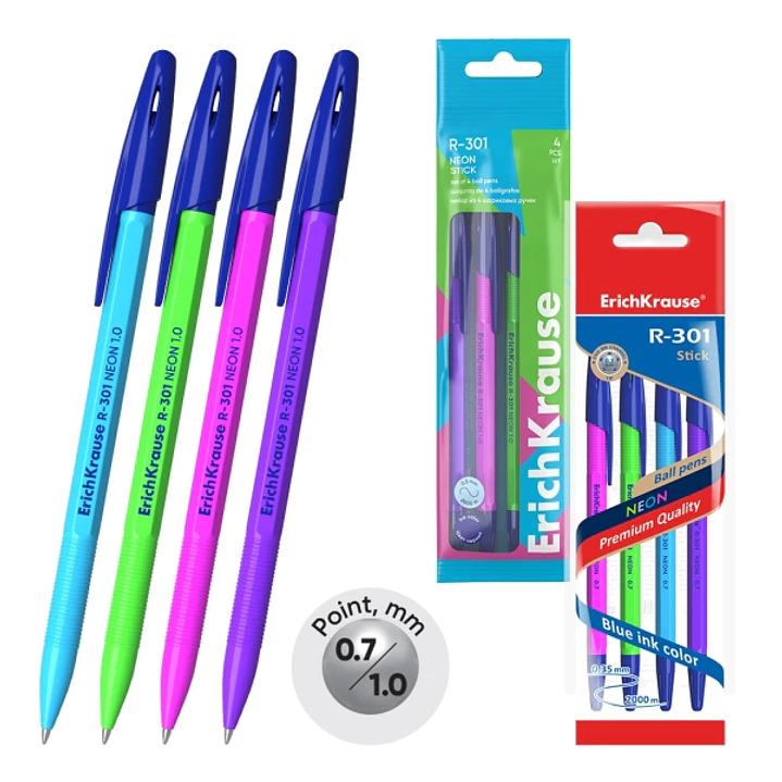 ErichKrause R-301 Stick Neon Pack de 4 Boligrafos con Capuchon - Modelos Surtidos - Trazo 0.35mm - Tinta de Secado Rapido - Color Azul 1