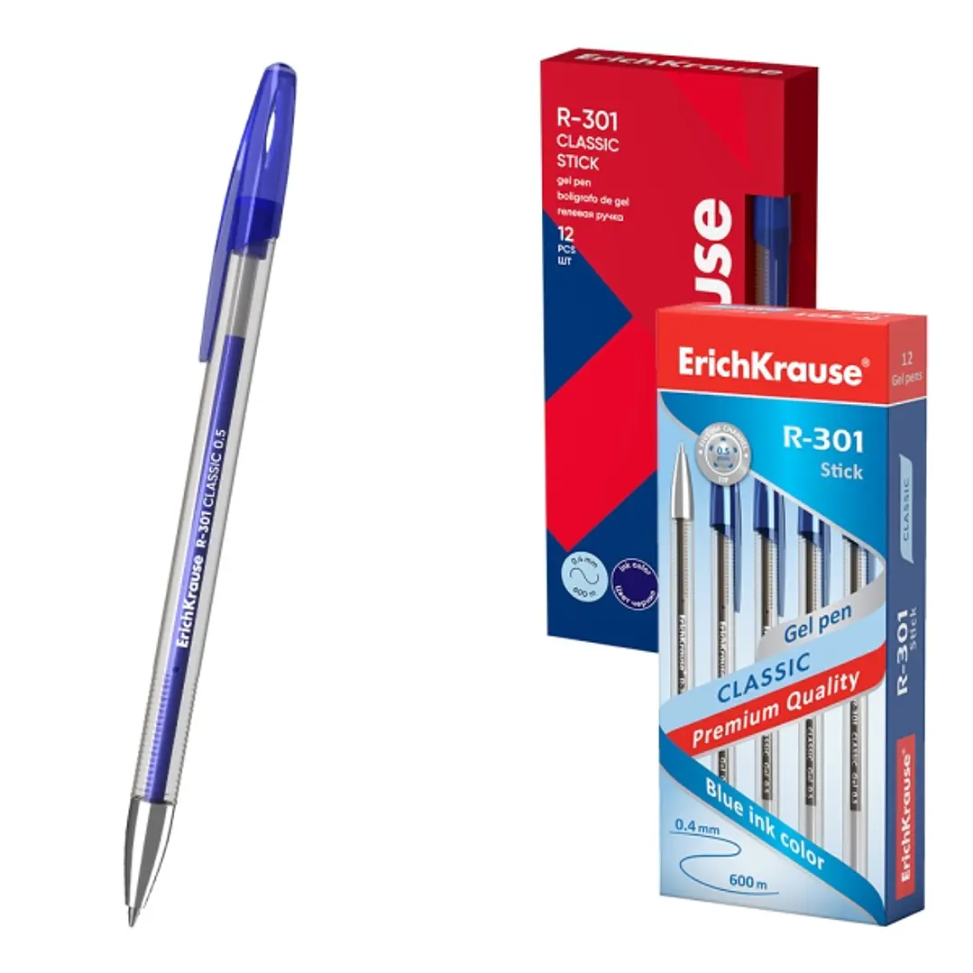 ErichKrause R-301 Gel Stick Classic Pack de 12 Boligrafos con Capuchon - Punta de 0.5mm - Trazo 0.4mm - Tinta de Gel - Resistente al Agua - Secado Rap 1