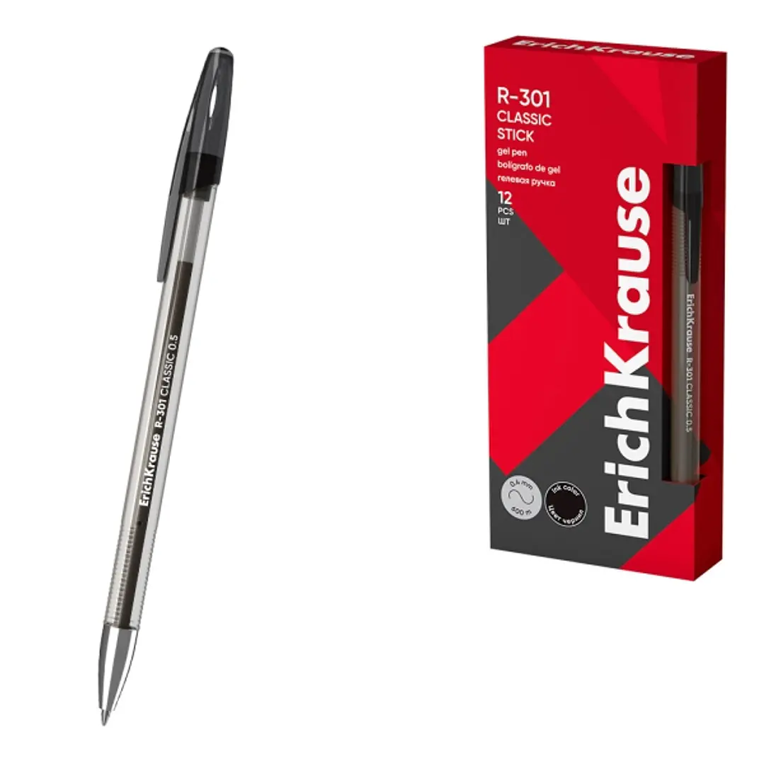 ErichKrause R-301 Gel Stick Classic Pack de 12 Boligrafos con Capuchon - Punta de 0.5mm - Trazo 0.4mm - Tinta de Gel - Resistente al Agua - Secado Rap 1