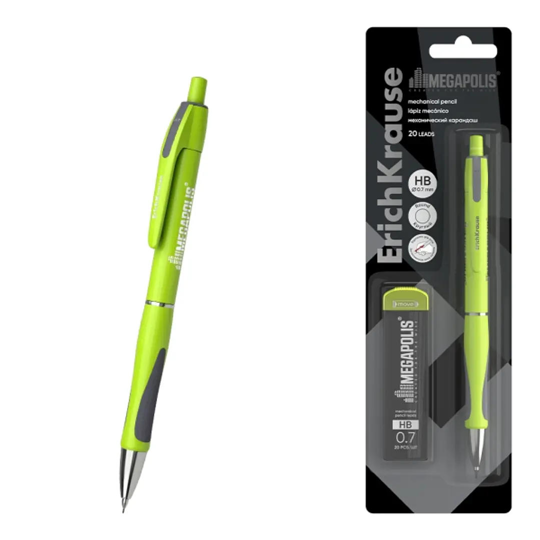 ErichKrause MEGAPOLIS Concept Portaminas - Mina HB de 0.7mm - 20 Minas de Repuesto - Agarre de Goma - Ergonomico - Color Verde 1