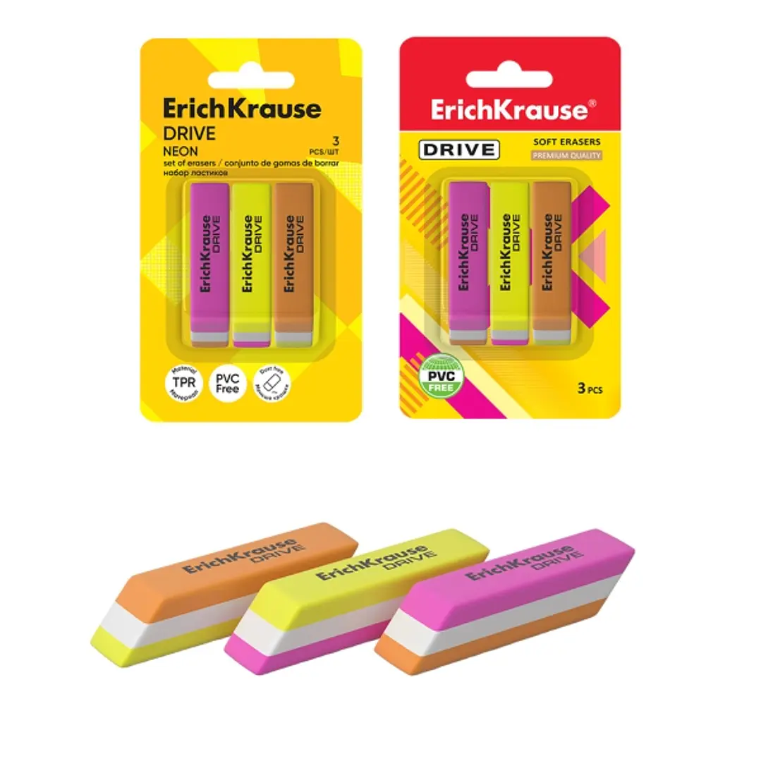 ErichKrause Drive Neon Pack de 3 Gomas de Borrar - Caucho Termoplastico - Hipoalergenico - No Deja Residuos - Libre de PVC - Colores Surtidos 1