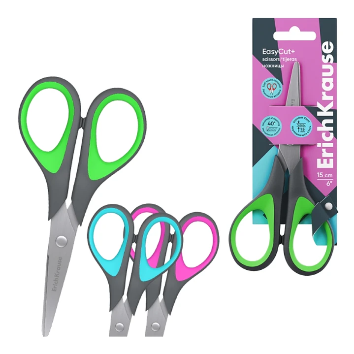 ErichKrause EasyCut+ Tijeras de 15cm - Mangos de Plastico y Goma Antideslizante - Afilado Doble - Acero Inoxidable - Colores Surtidos 1