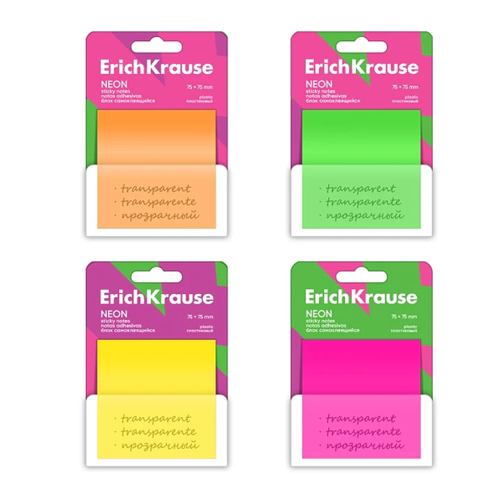 ErichKrause Neon Bloc de 50 Notas Adhesivas Reposicionables - Plastico - 75x75mm - Pegamento a Base de Agua - Colores Surtidos 1
