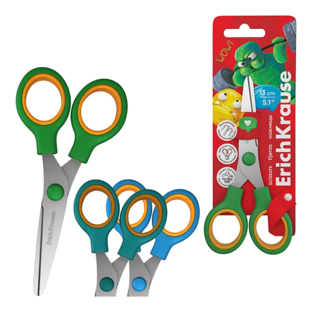 ErichKrause Junior Softy Jolly Friends Tijeras de 13cm - Puntas Redondeadas - Mango de Plastico y Goma Antideslizante - Colores Surtidos 1