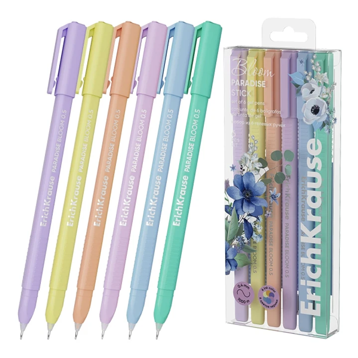ErichKrause Paradise Stick Pastel Bloom Pack de 6 Boligrafos con Capuchon - Punta de 0.5mm - Trazo 0.4mm - Tapa Ventilada - Colores Surtidos 1
