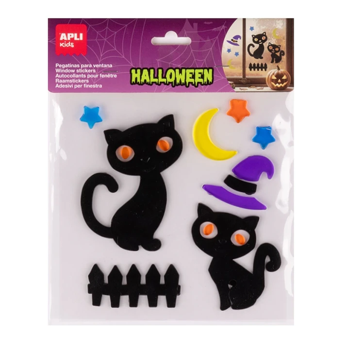 Apli Kids Pack con 10 Pegatinas Jelly de Halloween para Ventanas, Cristales, Espejos etc.. - Diseño Gatos Negros - Reposicionables - Textura Suave y F 1