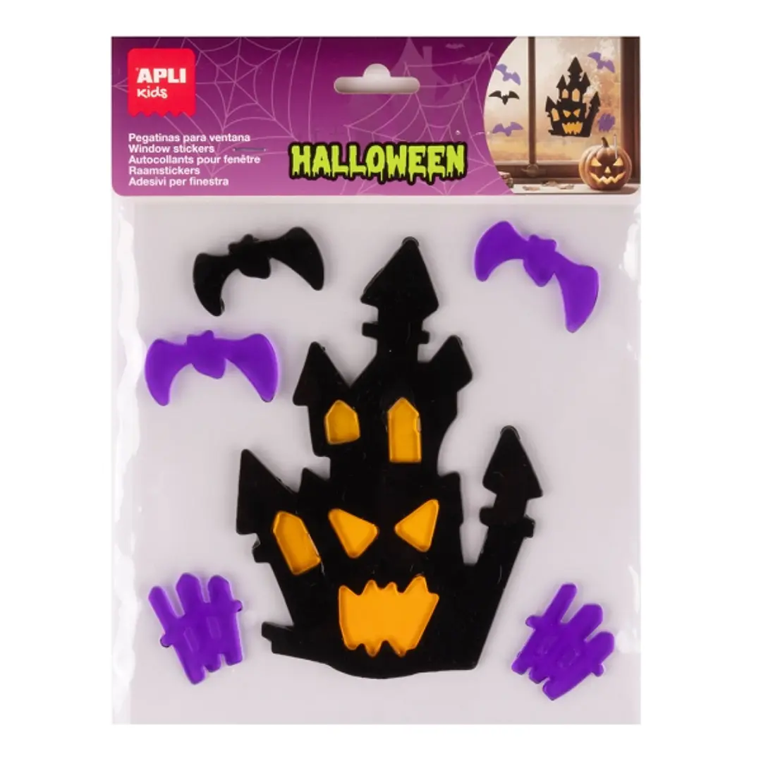 Apli Kids Pack con 7 Pegatinas Jelly de Halloween para Ventanas, Cristales, Espejos etc.. - Diseño Casa Embrujada - Reposicionables - Textura Suave y  1