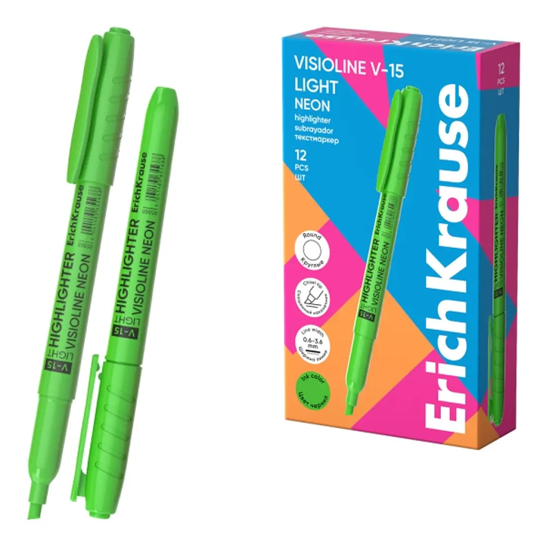 ErichKrause Visioline V-15 Light Neon Marcador Fluorescente - Punta Biselada - Trazo de 0.6 a 3.5mm - Color Verde 1