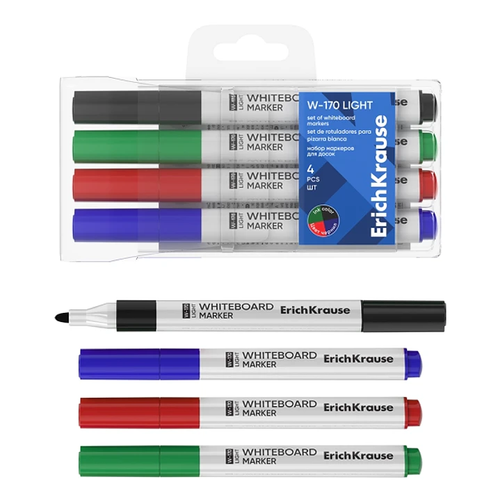 ErichKrause W-170 Light Pack de 4 Rotuladores para Pizarra Blanca - Facil de Borrar - Punta Conica - Trazo de 2.5mm - No Toxico - Cuerpo Triangular -  1
