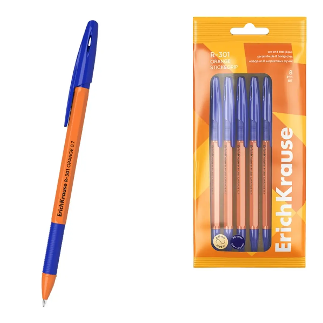 ErichKrause R-301 Stick and Grip Orange Pack de 8 Boligrafos con Capuchon - Punta de 0.7mm - Cuerpo Opaco Naranja - Trazo 0.35mm - Zona de Agarre de G 1