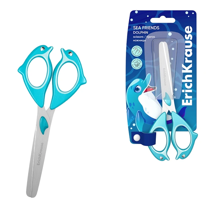 ErichKrause Sea Friends Dolphin Tijeras de 13.5cm - Puntas Redondeadas - Mangos de Plastico Resistente a Golpes con Forma - Acero Inoxidable - Color A 1