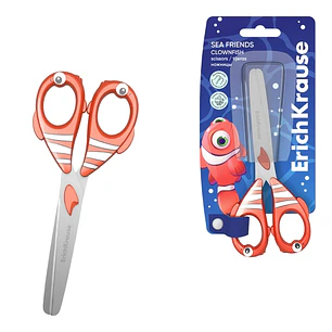 ErichKrause Sea Friends Clownfish Tijeras de 13.5cm - Puntas Redondeadas - Mangos de Plastico Resistente a Golpes con Forma - Acero Inoxidable - Color