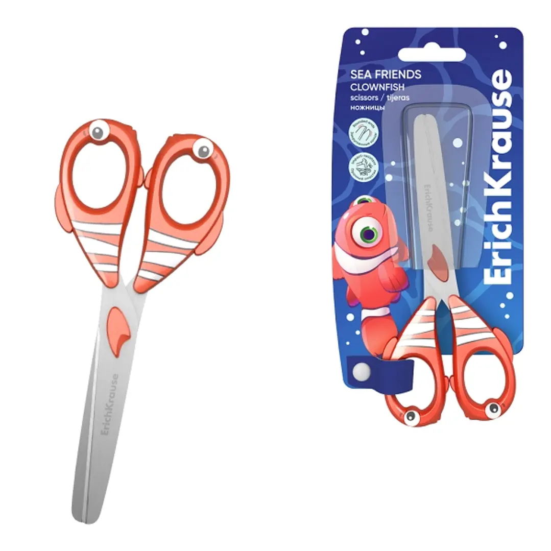 ErichKrause Sea Friends Clownfish Tijeras de 13.5cm - Puntas Redondeadas - Mangos de Plastico Resistente a Golpes con Forma - Acero Inoxidable - Color 1