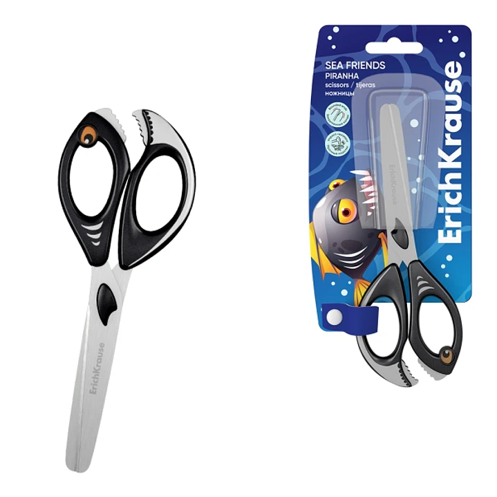 ErichKrause Sea Friends Piranha Tijeras de 14.5cm - Puntas Redondeadas - Mangos de Plastico Resistente a Golpes con Forma - Acero Inoxidable - Color N 1