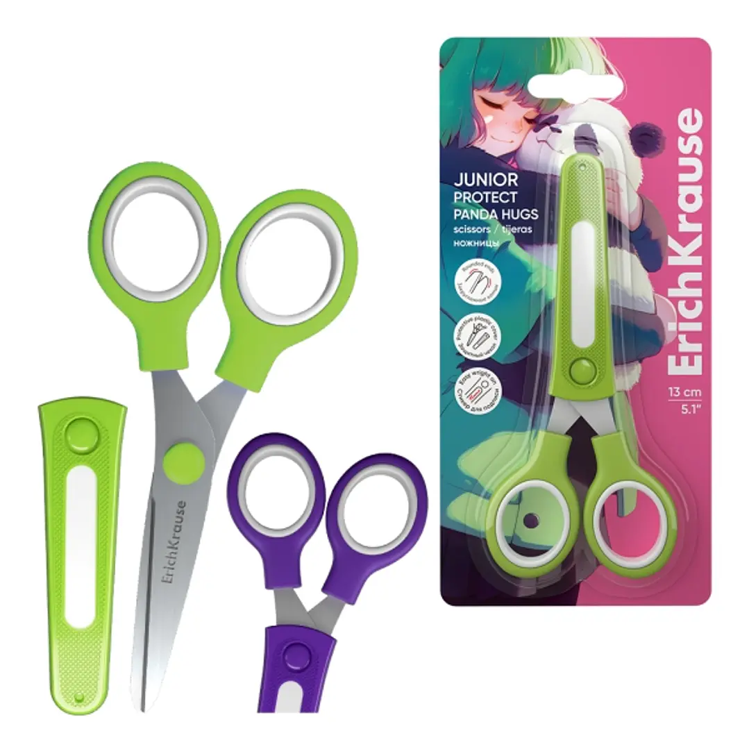 ErichKrause Junior Protect Panda Hugs Tijeras de 13cm - Puntas Redondeadas - Funda Protectora - Mangos de Plastico Resistente a Golpes - Acero Inoxida 1