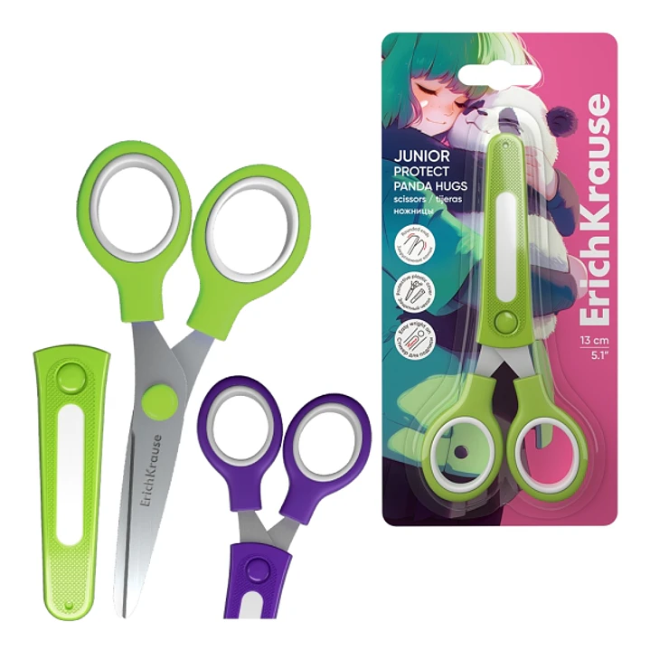 ErichKrause Junior Protect Panda Hugs Tijeras de 13cm - Puntas Redondeadas - Funda Protectora - Mangos de Plastico Resistente a Golpes - Acero Inoxida 1