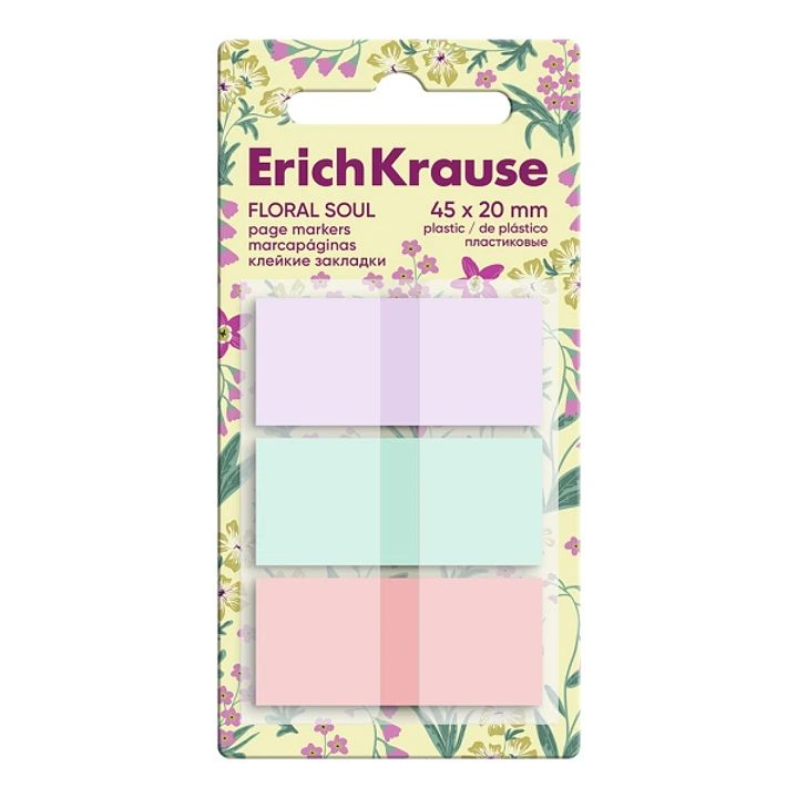 ErichKrause Floral Soul Pack de 3 Blocs de 20 Marcadores de Pagina - Reposicionables - Plastico - 20x45mm - Colores Surtidos 1