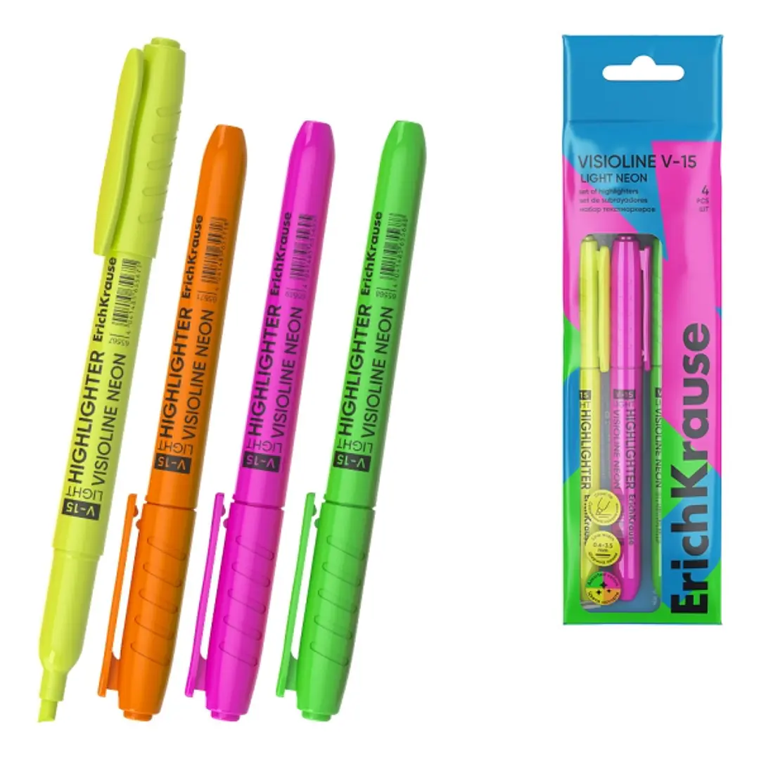 ErichKrause Visioline V-15 Light Neon Pack de 4 Marcadores Fluorescentes - Punta Biselada - Trazo de 0.6 a 3.5mm - Colores Surtidos 1